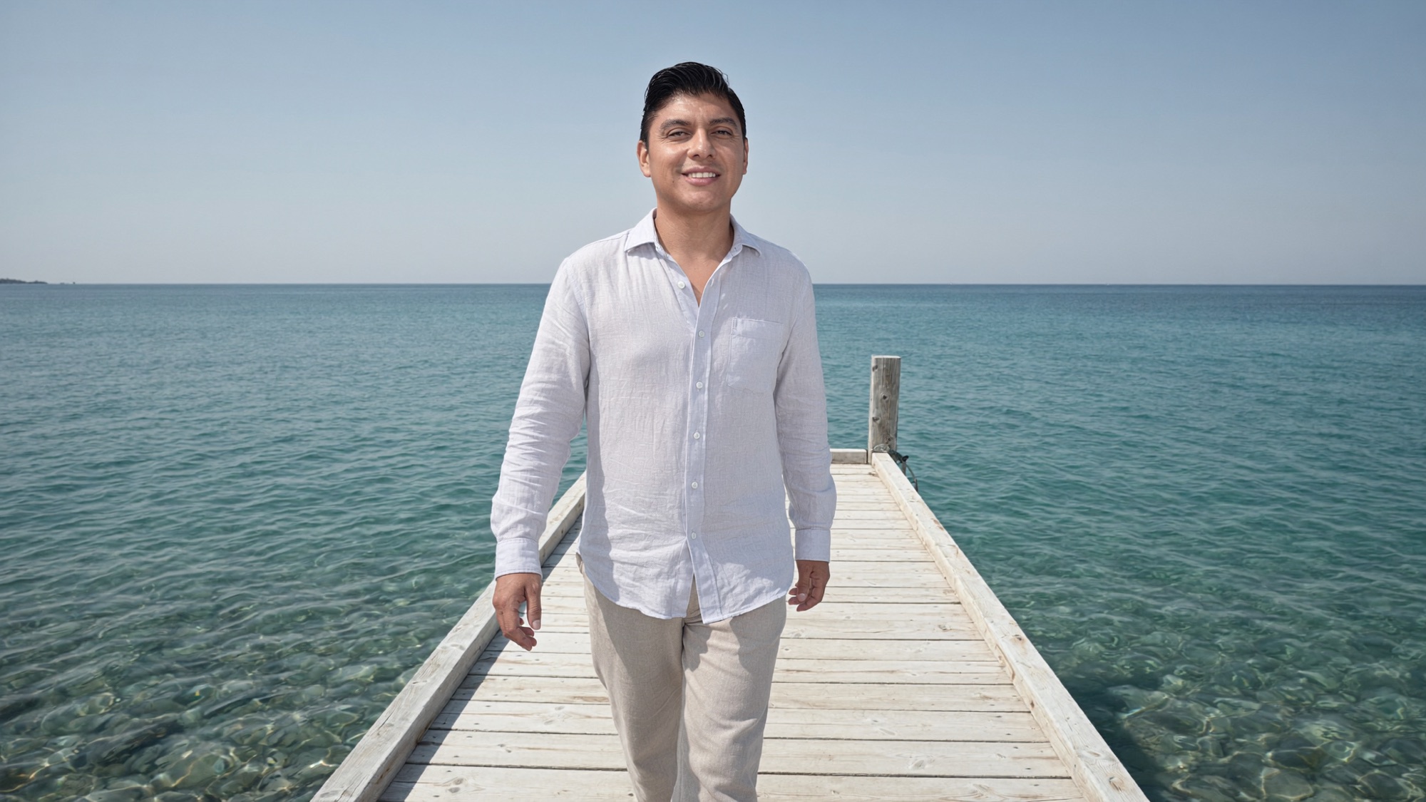 Emmanuel Santana caminando por un muelle blanco sobre el mar turquesa de Baja California Sur